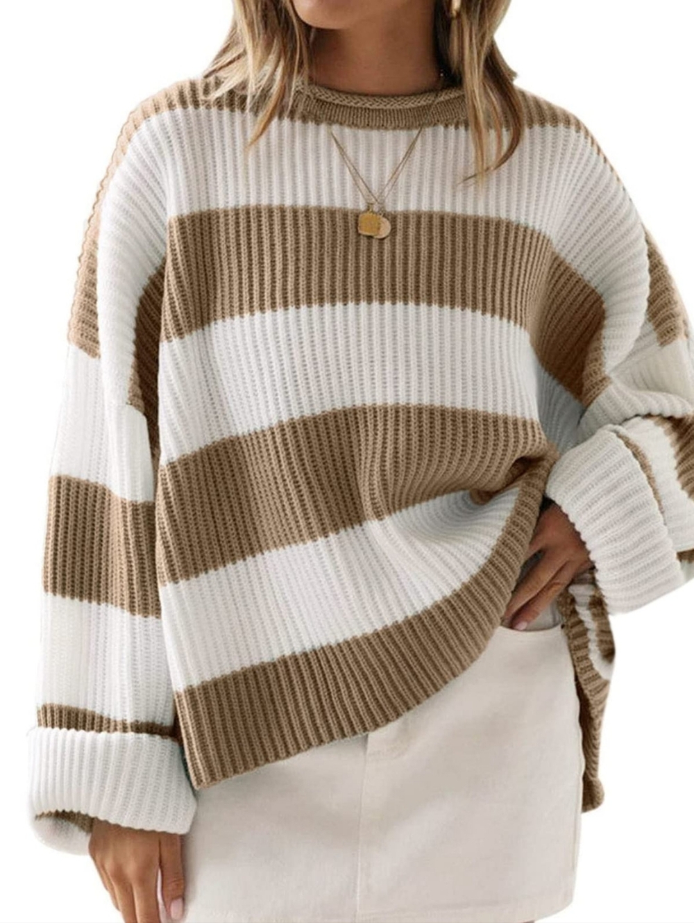 ZESICA Long Sleeve Crew Neck Striped Color Block Oversized Sweater - Size L